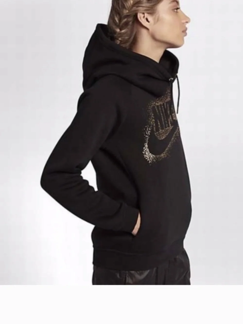 Nike Sportswear Rally Black and Gold Metallic Funnel Neck Hoodie Size Medium